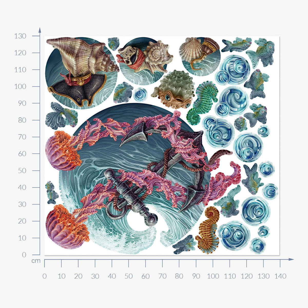 WANDAUFKLEBER 130x139cm - Die Unterwasserwelt der Quallen - Multicolor, Kunststoff (130/139/0.1cm) - Wallfluent