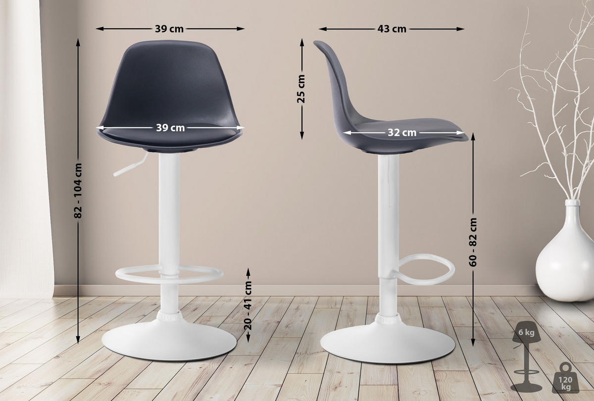 BARHOCKER Kunststoff schwarz - Schwarz/Weiß, Kunststoff/Metall (39/82/43cm) - CLP