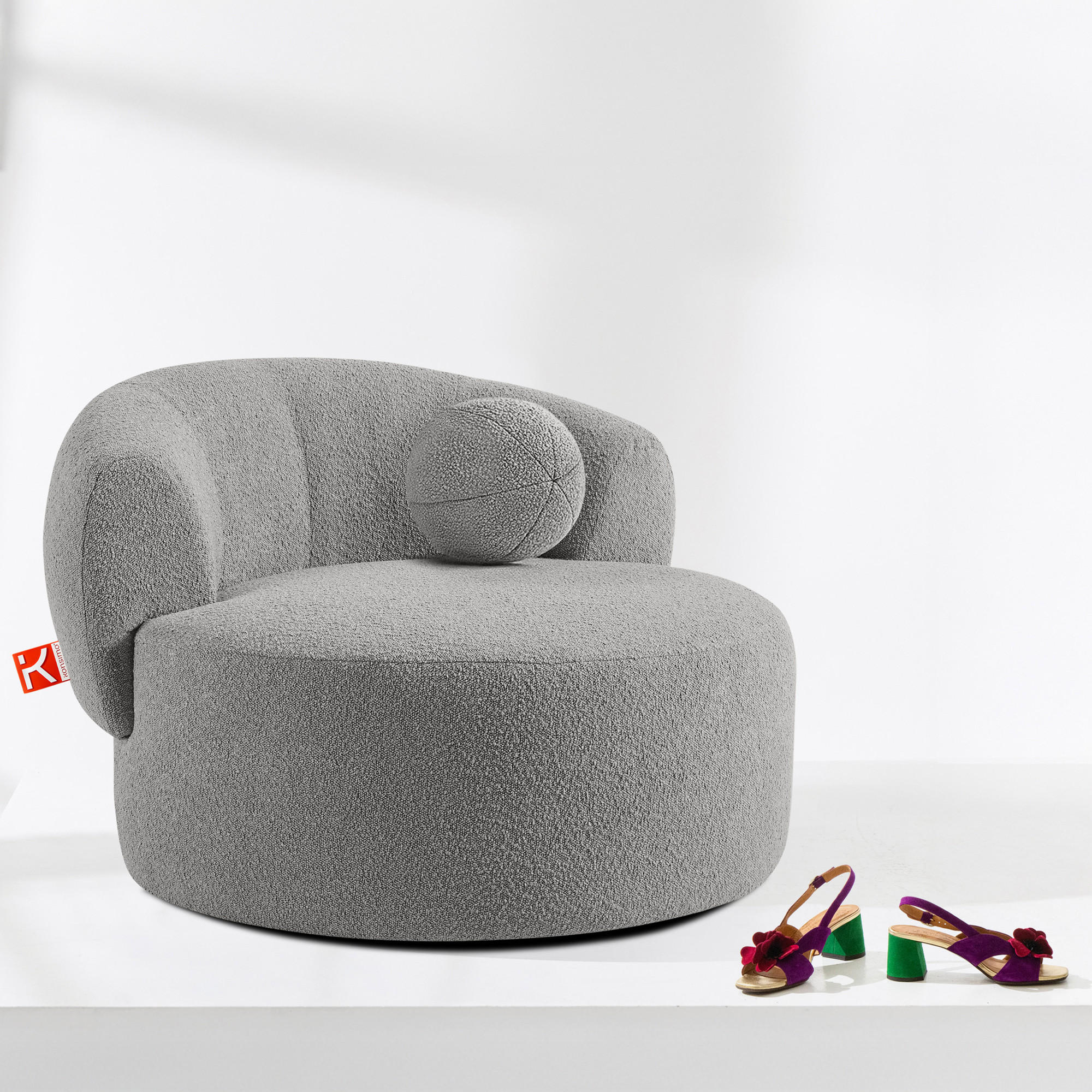 DREHSESSEL VIRA, Grau, Bouclé - Schwarz/Grau, Holz/Holzwerkstoff (105/76/100cm) - KONSIMO®