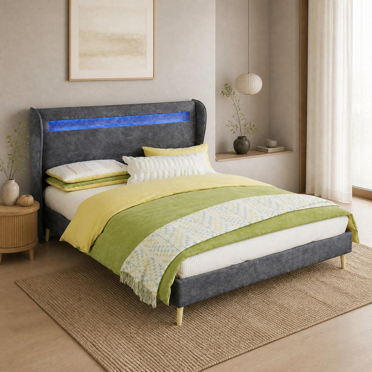 POLSTERBETT 140/200 mit LED und verstellbarem Kopfteil in Grau - Grau, Holzwerkstoff/Textil (140/200cm) - EVRYAE