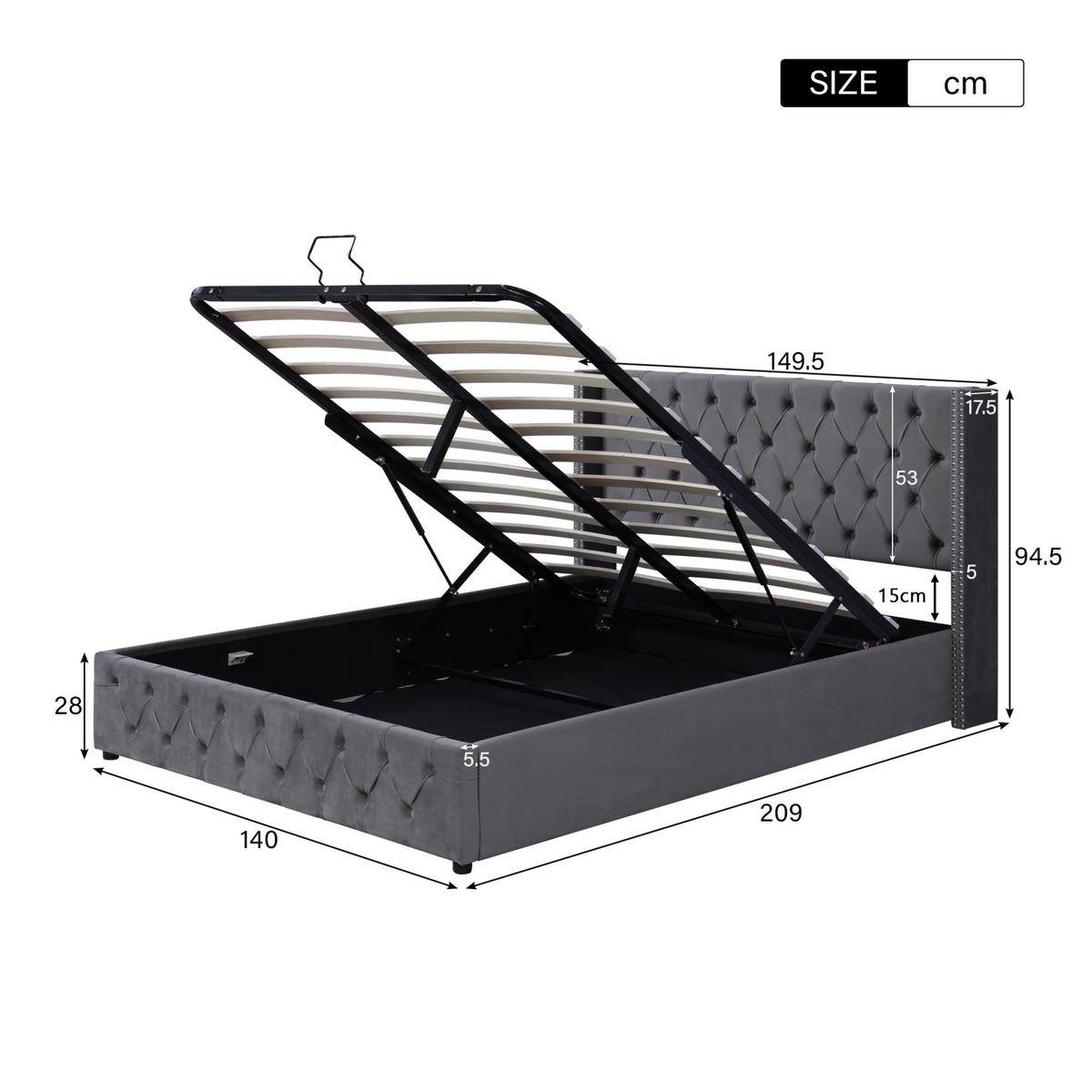 POLSTERBETT 140/200 cm mit hydraulischem Bettkasten, Chesterfield-Design und Samtbezug, Grau - Grau, Holzwerkstoff (140/200cm) - Redom