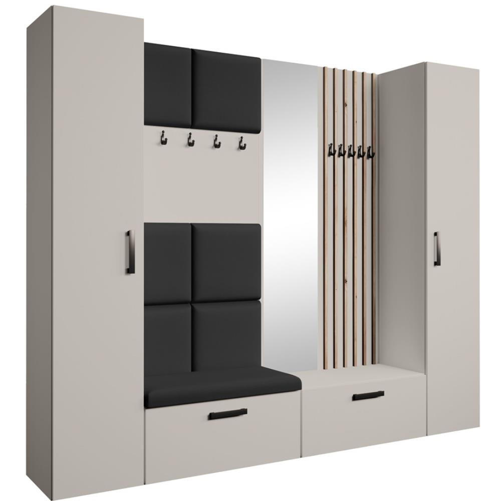 Beautysofa PŘEDSÍŇOVÁ sestava Margaret XL 242/203/43 s čalouněnými panely / lamelami / zrcadlem, kašmírová|dub artisan