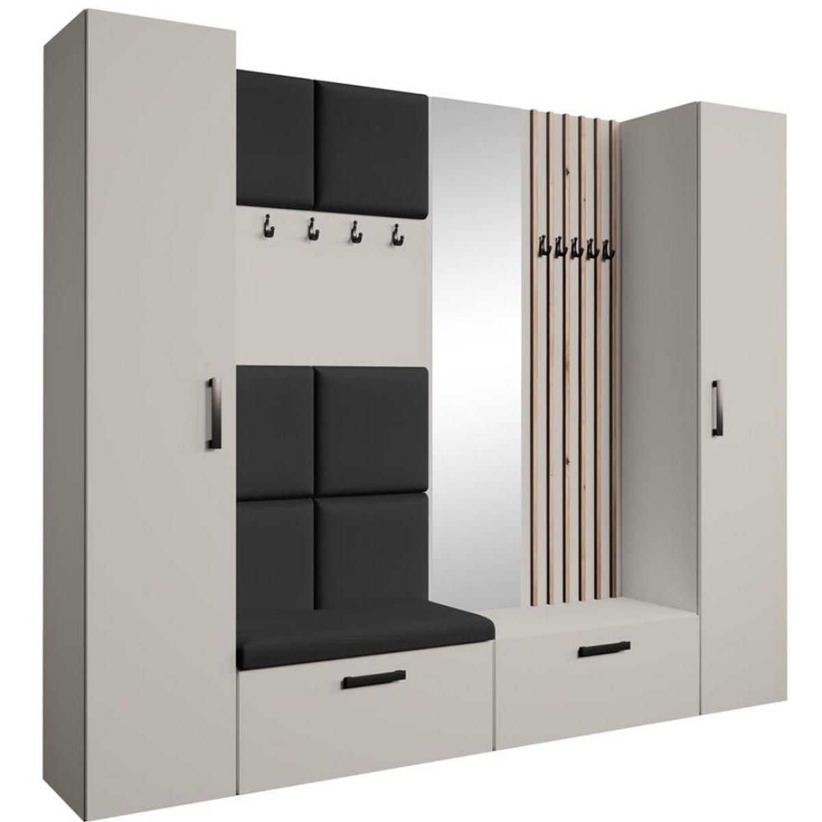 GARDEROBE Margaret XL 242/203/43 mit gepolsterten Paneelen/Lamellen/Spiegel - Kaschmir/Schwarz, Holzwerkstoff/Kunststoff (242/203/43cm) - Beautysofa