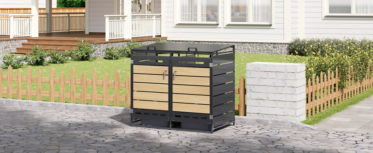 MÜLLTONNENBOX Hydraulik Deckel Holzoptik horizontal Schloss - Schwarz, Metall (131/116/79cm) - LEBENLANG