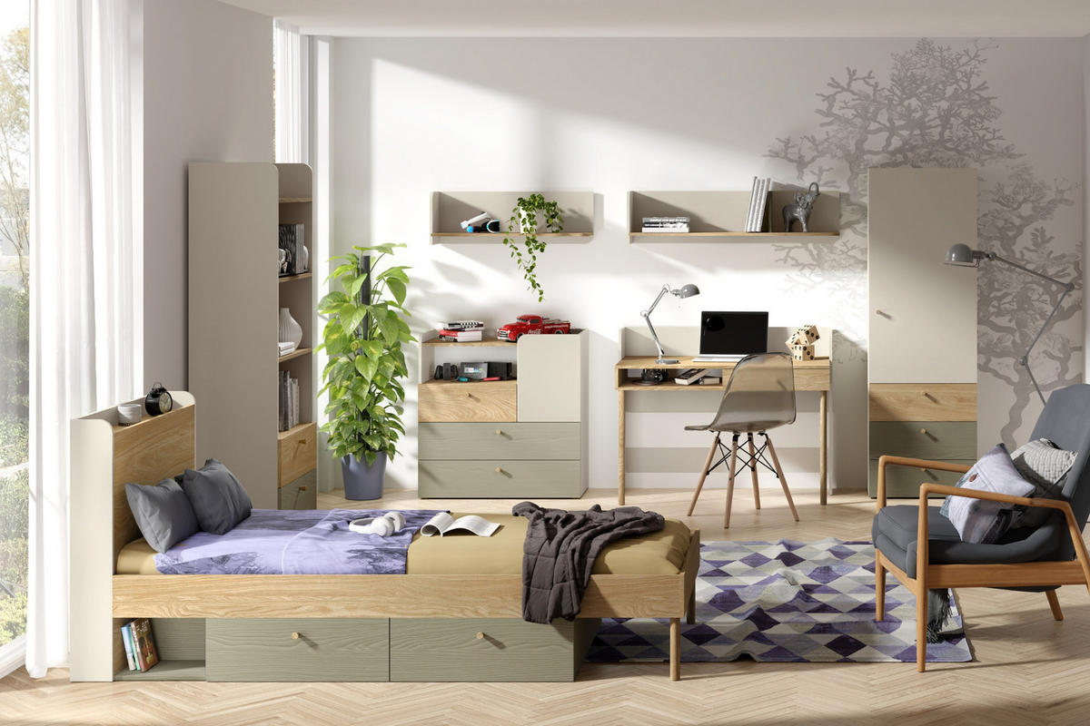 JUGENDZIMMER-SET YOGI B 7-teilig in Graubeige / Geölte Eiche / Eukalyptus - Greige/Eichefarben, Holzwerkstoff (427/185/217cm) - Deine Möbel 24