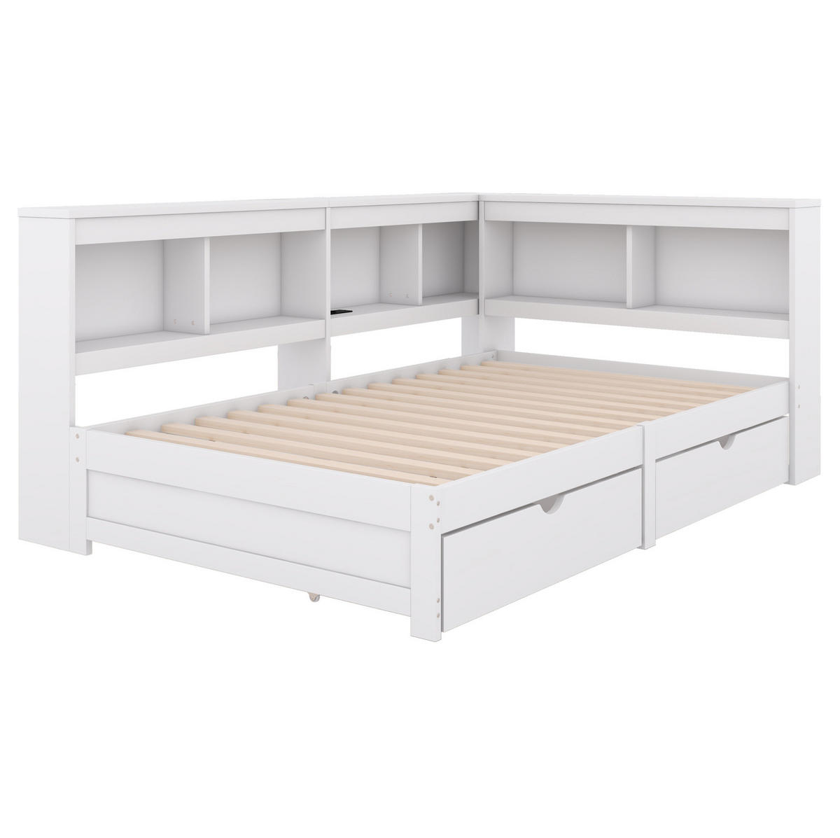 POLSTERBETT aus Spanplatte und MDF 90x200 cm Weiß mit 2 Schubladen, Steckdose, 2 USB-Anschlüssen und Ablagefächern - Weiß, Holzwerkstoff (90/200cm) - Modfu