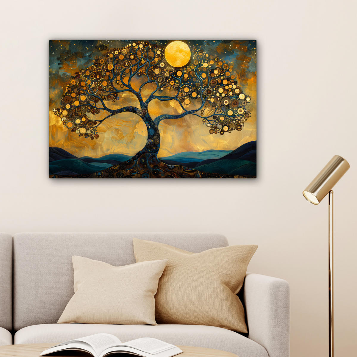 LEINWANDBILD Baum - Mond - Blumen - Gold - Kunst Wanddeko 90x60 cm - Orange, Textil (90/60cm) - MuchoWow