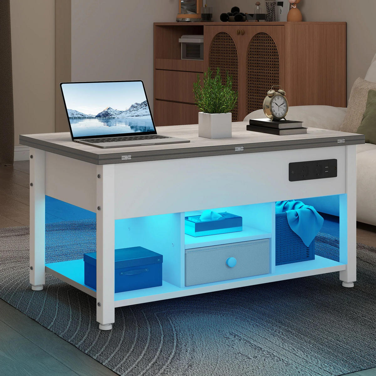 COUCHTISCH, 4-in-1, Weiß, Grau, höhenverstellbar, LED - Weiß, Holzwerkstoff (47.8/90/61.7cm) - Kaket