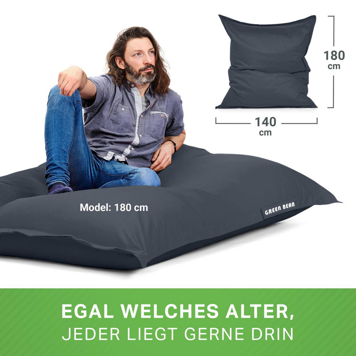 SITZSACK XXL "Square" 140x180cm - 380 L - Grau, Textil (140/25/180cm) - Green Bean