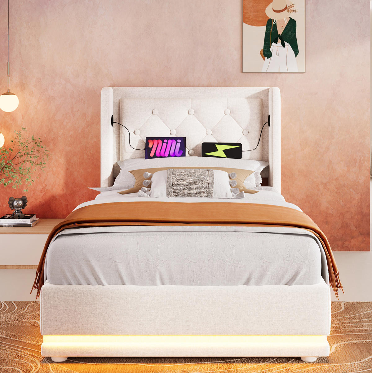 POLSTERBETT 90/200 cm mit Bettkasten, LED und USB-C in Beige - Beige, Textil (90/200cm) - BEAOK