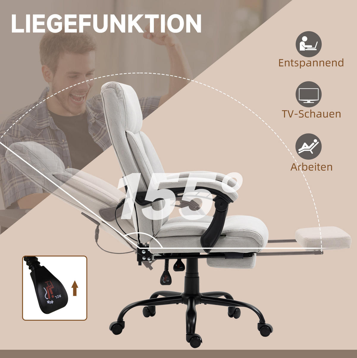 CHEFSESSEL in Hellgrau 74x65x119 cm mit Massagefunktion, Lendenheizung und Fußstütze - Hellgrau, Textil (65/119/74cm) - IVMEU