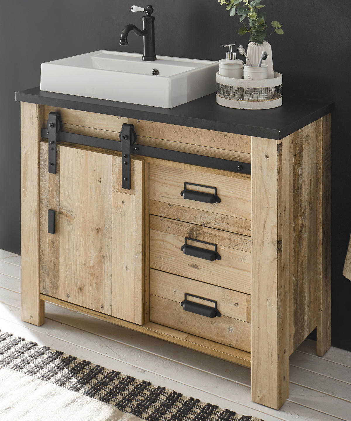WASCHBECKENUNTERSCHRANK Waschbecken, Used Wood hell, anthrazit, Waschtisch 95 cm Stove - Eichefarben/Anthrazit, Holzwerkstoff/Metall (95/81/43cm) - Furn.Design