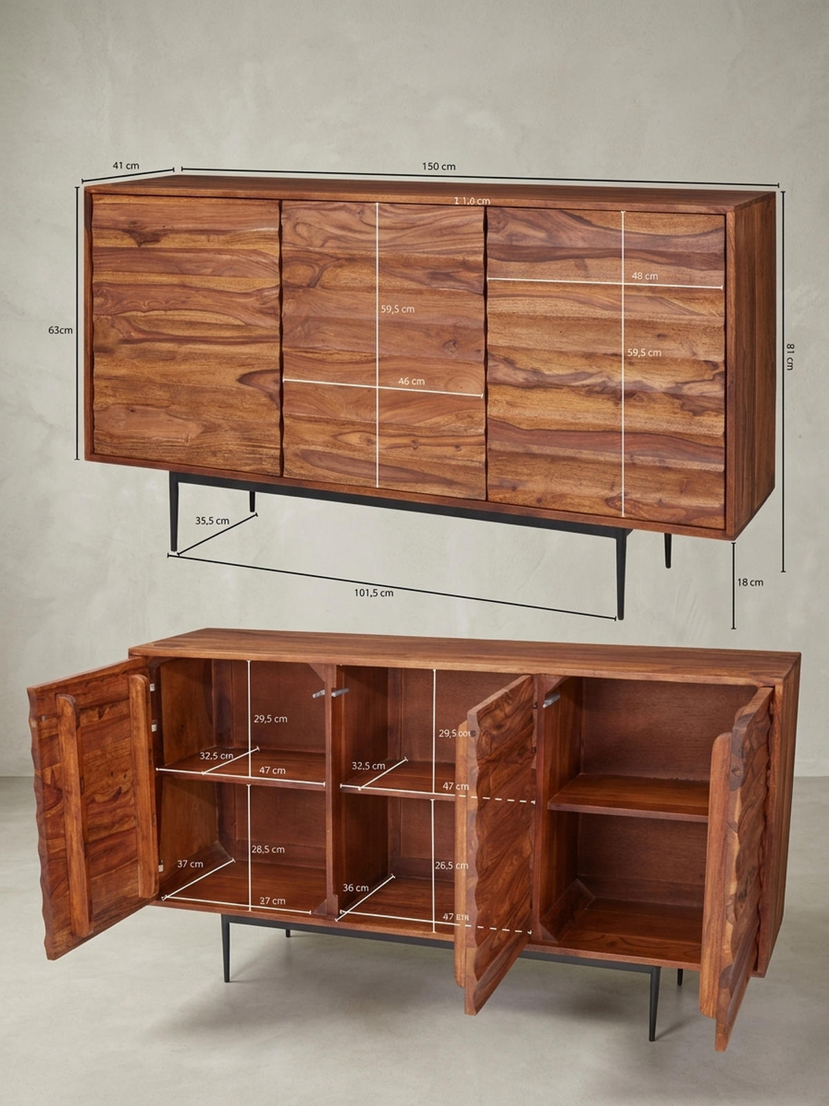 SIDEBOARD – Massivholz, 150 cm breit, 3 Türen, modern - Schwarz/Braun, Holz/Metall (150/81/41cm) - KADIMA DESIGN