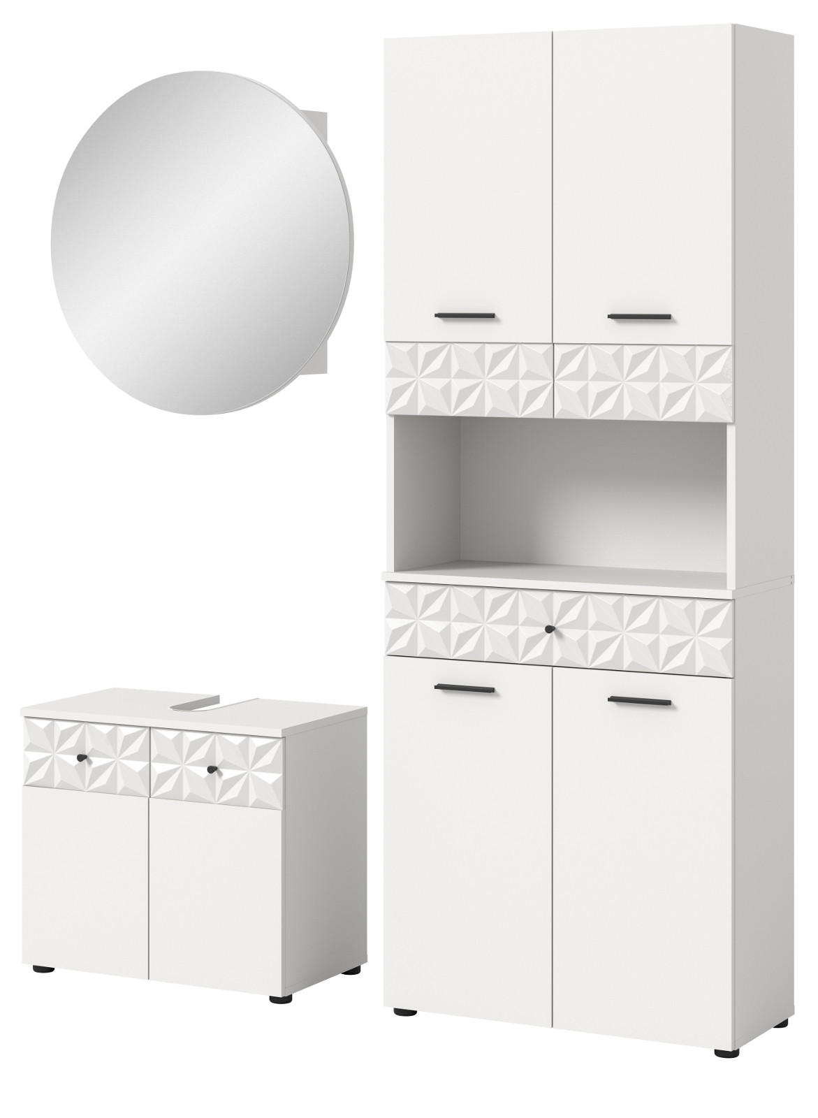 BADMÖBEL-SET weiß Hochglanz 3-teilig 155 cm, Komplettset mit 3D-Struktur - Weiß Hochglanz, Glas/Holzwerkstoff (155/187/37cm) - Inn.Furn