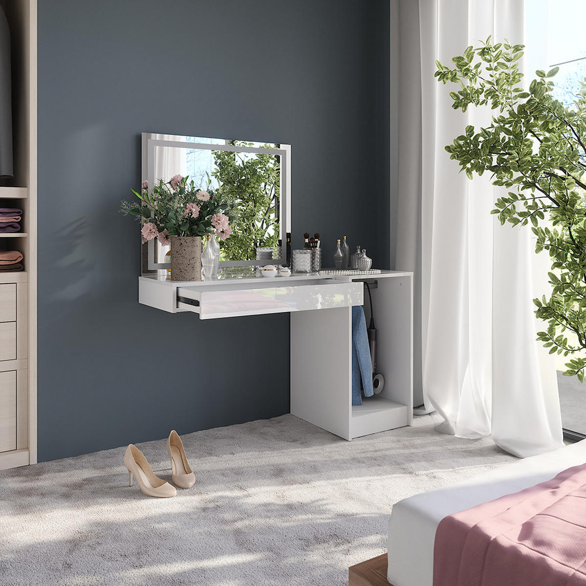 SCHMINKTISCH Sherry Weiß/Weiß Hochglanz 120 cm 3 Teile - Weiß Hochglanz, Holzwerkstoff (120/76/50.1cm) - Vicco