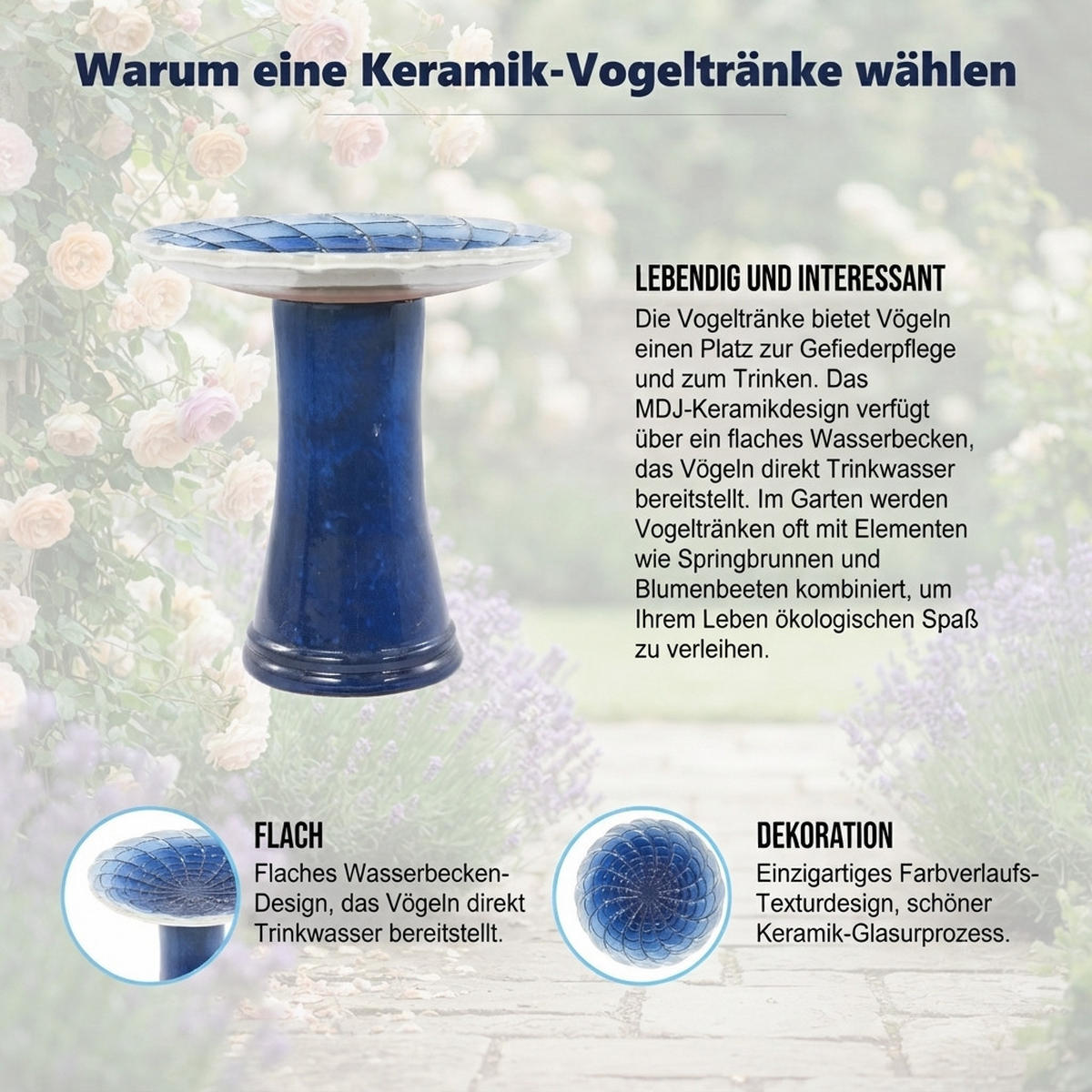 VOGELBAD mit Standfuß, Keramik Ø43/45H cm, Wetterfest, Blau - Dunkelblau, Keramik (43/45/43cm) - LVHOM