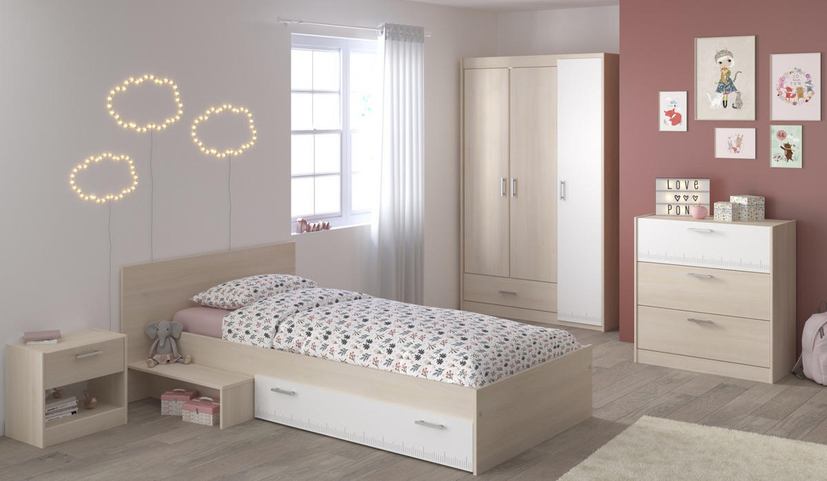 JUGENDZIMMER Set 4-tlg Kleiderschrank Kommode Bett 90 x 200 cm - Silberfarben/Weiß, Holz/Holzwerkstoff (90/179/200cm) - Parisot Meuble