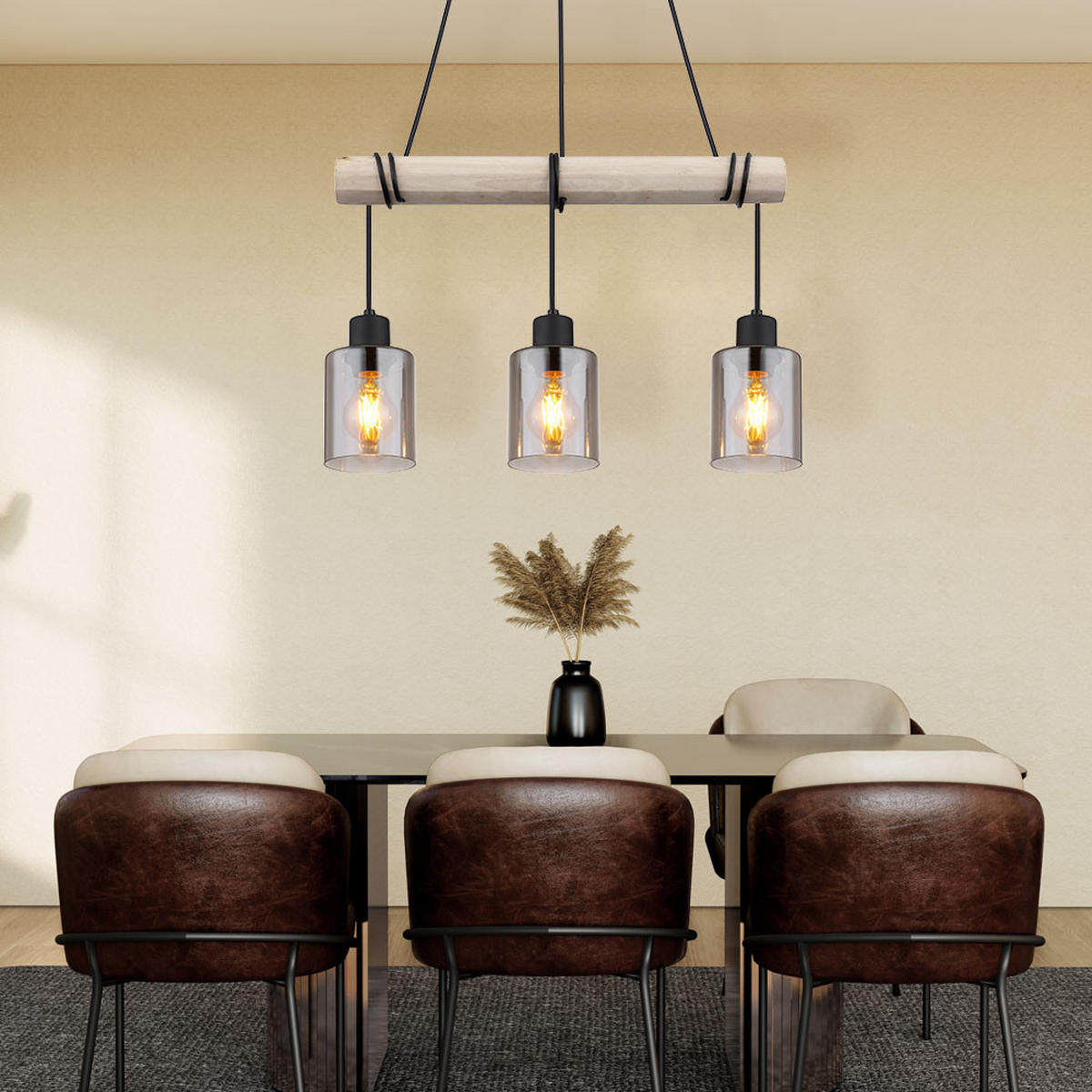 HÄNGELEUCHTE Holz Braun Glas rauchfarben - Braun, Holz (50/10/140cm) - Globo Lighting