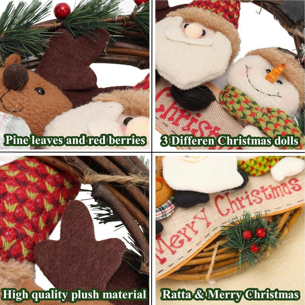 WEIHNACHTSKRANZ mit Plüschfiguren 30 cm - Multicolor, Naturmaterialien (20cm)