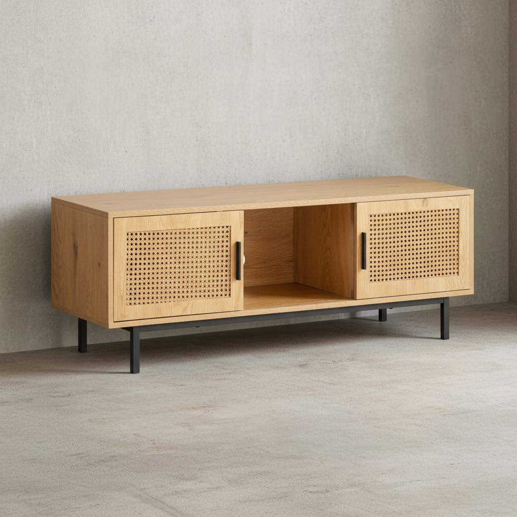 LOWBOARD Eiche-Dekor Zeitloser Stil 120x45,5x40 cm mit Wiener Geflecht und Schiebetüren - Schwarz/Braun, Holzwerkstoff/Metall (120/46/40cm) - KADIMA DESIGN