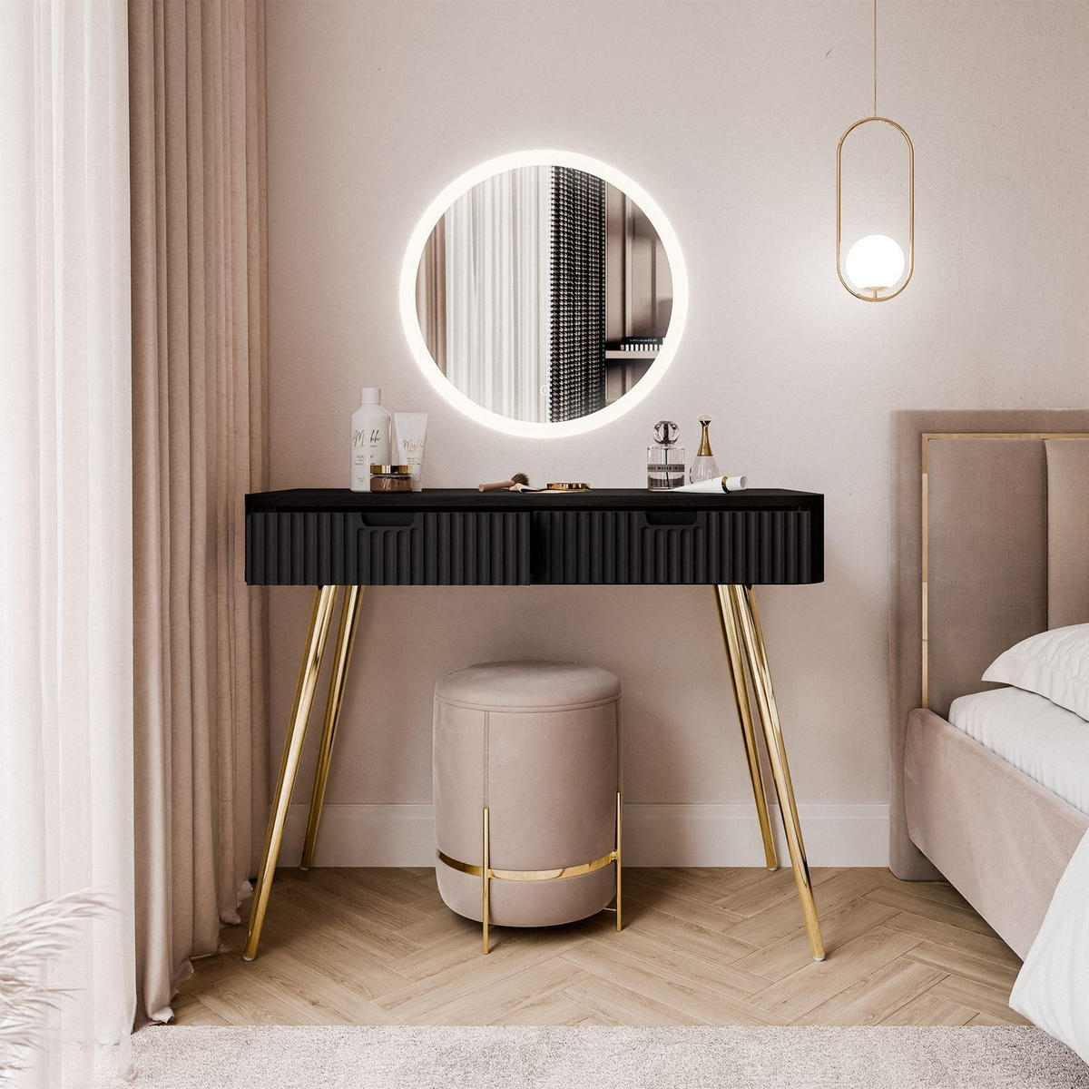 SCHMINKTISCH ZAIRA mit LED Spiegel Schwarz - Schwarz, Holzwerkstoff (103/80/49cm) - Lookway