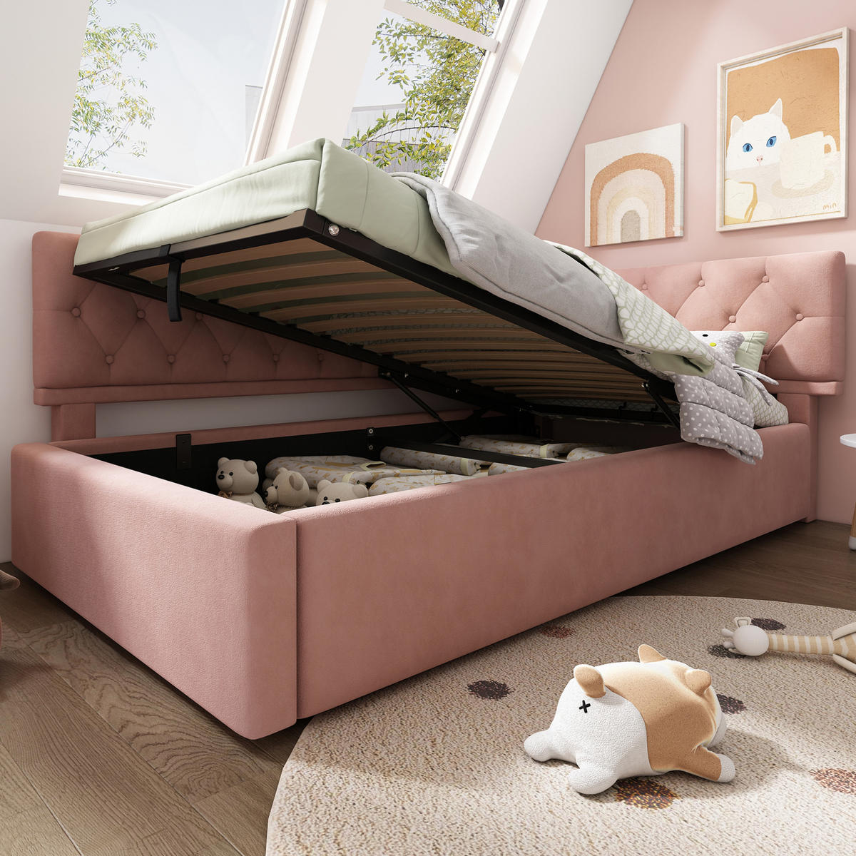KINDERBETT Polsterbett 90/190 cm aus Samt mit hydraulischem Stauraum Rosa - Rosa, Textil (90/190cm) - Modenvie