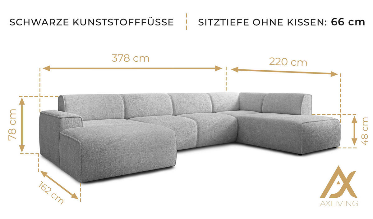 WOHNLANDSCHAFT Didim Greige 378/220/78 cm – großes Sofa stilvoll & bequem R - Greige/Schwarz, Kunststoff/Textil (378/78/220cm) - AX Living
