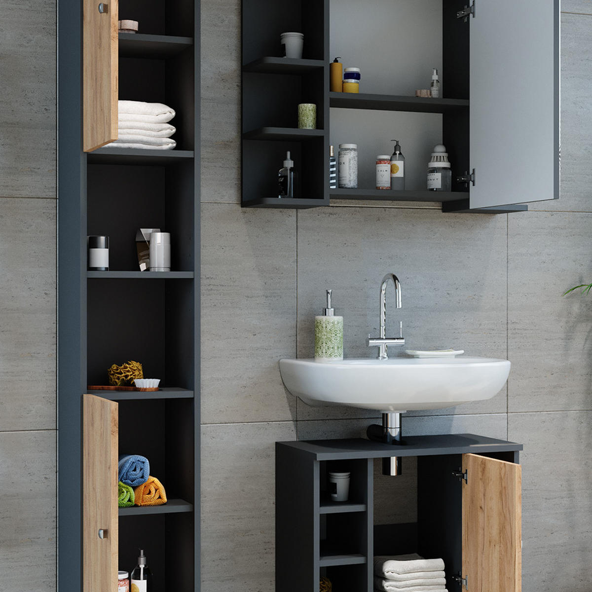 BADMÖBEL-SET Fynn Anthrazit/Goldkraft Eiche 3 Teile mit Hochschrank - Honigeiche/Anthrazit, Holzwerkstoff (60/54/32cm) - Vicco