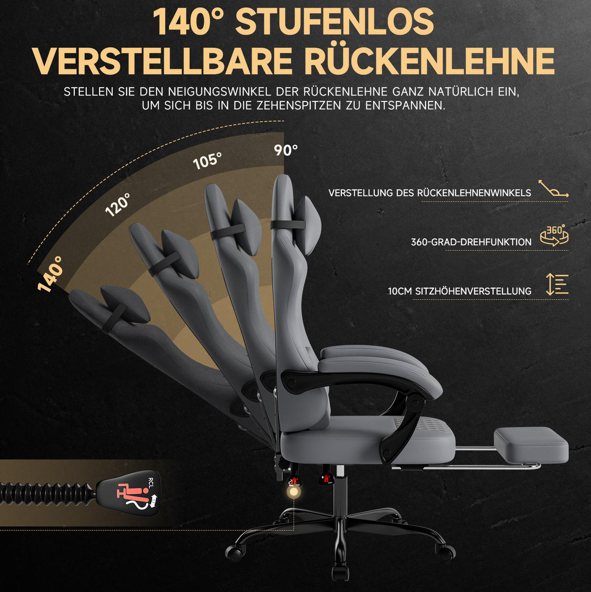 GAMING-STUHL ergonomisch verstellbar Leder Grau mit Fußstütze - Grau, Kunststoff (63/120.5/58.5cm) - Meubliv