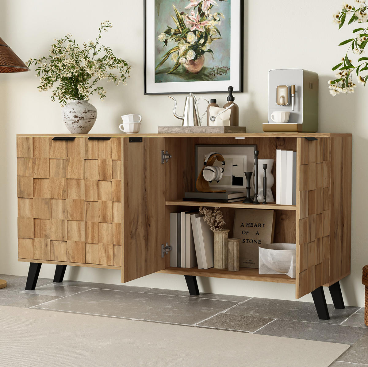 SIDEBOARD mit 4 Türen, Holzoptik mit geometrischem Muster und schwarzen Beinen, 160,5/35,5/78 cm, Naturfarben - Naturfarben, Holzwerkstoff (160/78/35.5cm) - Redom