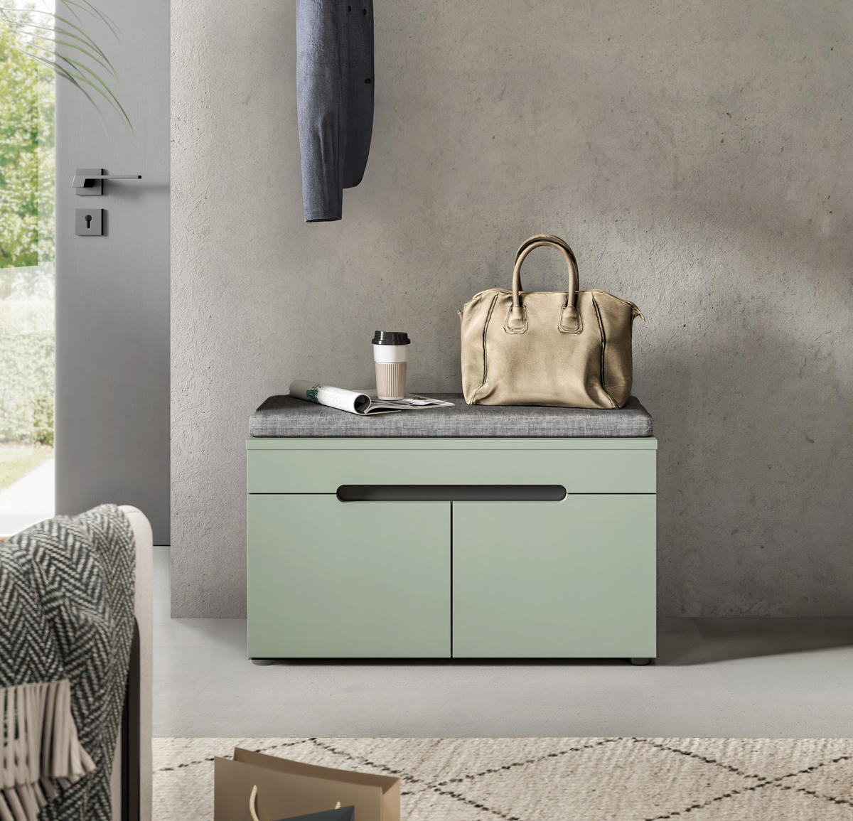 SITZBANK inkl. Sitzkissen CANU (B/H/T: ca. 80/45/37 cm) in Basalt grau/Smoke Green - Grau, Holzwerkstoff (80/45/37cm)