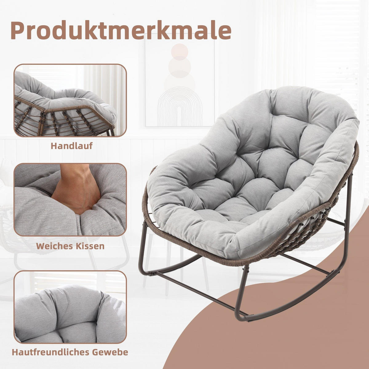 SCHAUKELSTUHL Schaukelsessel,Rattanstuhl mit Stahlrahmen,Grau-Polyester - Hellgrau, Metall (94.5/80/111cm) - LVHOM