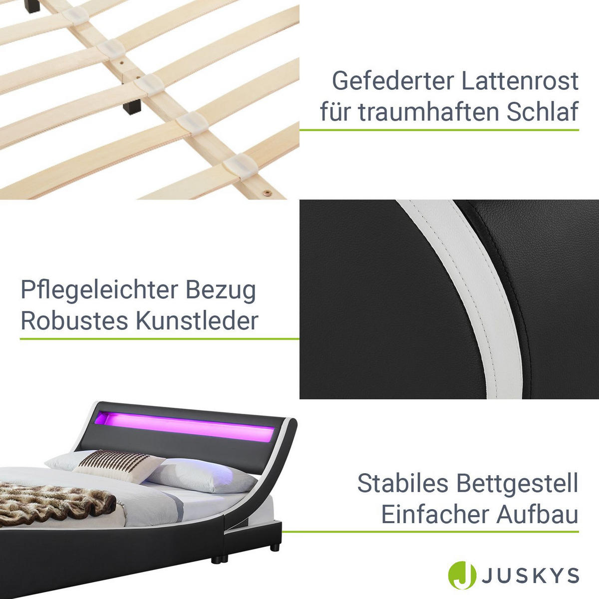 POLSTERBETT Valencia schwarz 140x200 cm mit LED - Schwarz, Textil (140/200cm) - Juskys