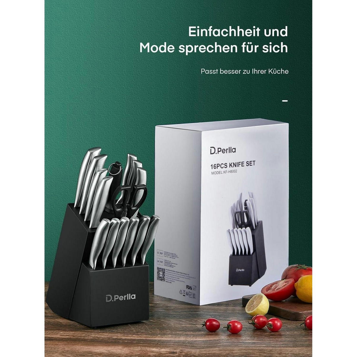 MESSERBLOCK-SET 16-teilig mit Holzblock Schwarz - Multicolor, Holz