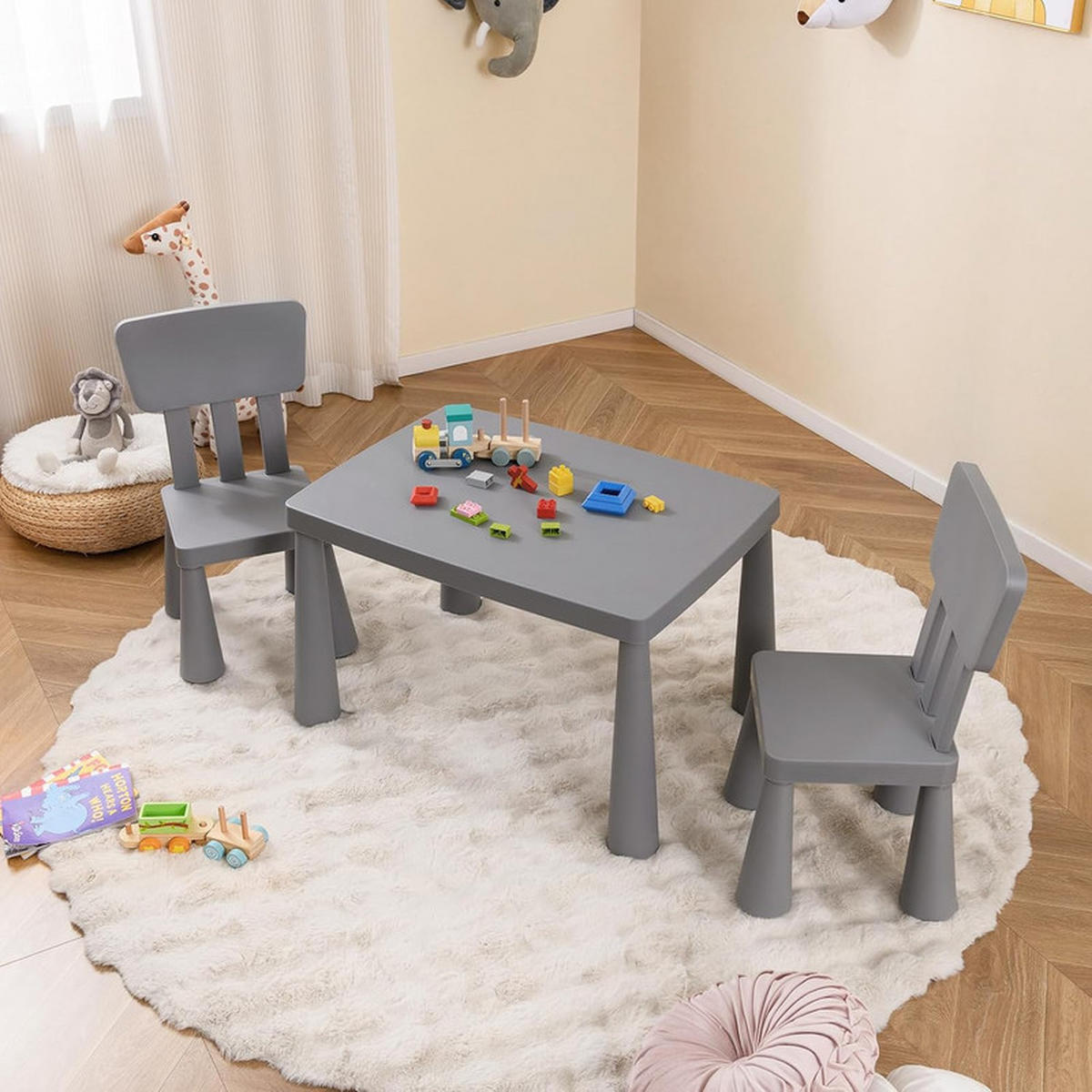 KINDERTISCH mit 2 Stühlen grau(3-tlg) - Grau, Kunststoff (76.5/49.5/54.5cm) - COSTWAY