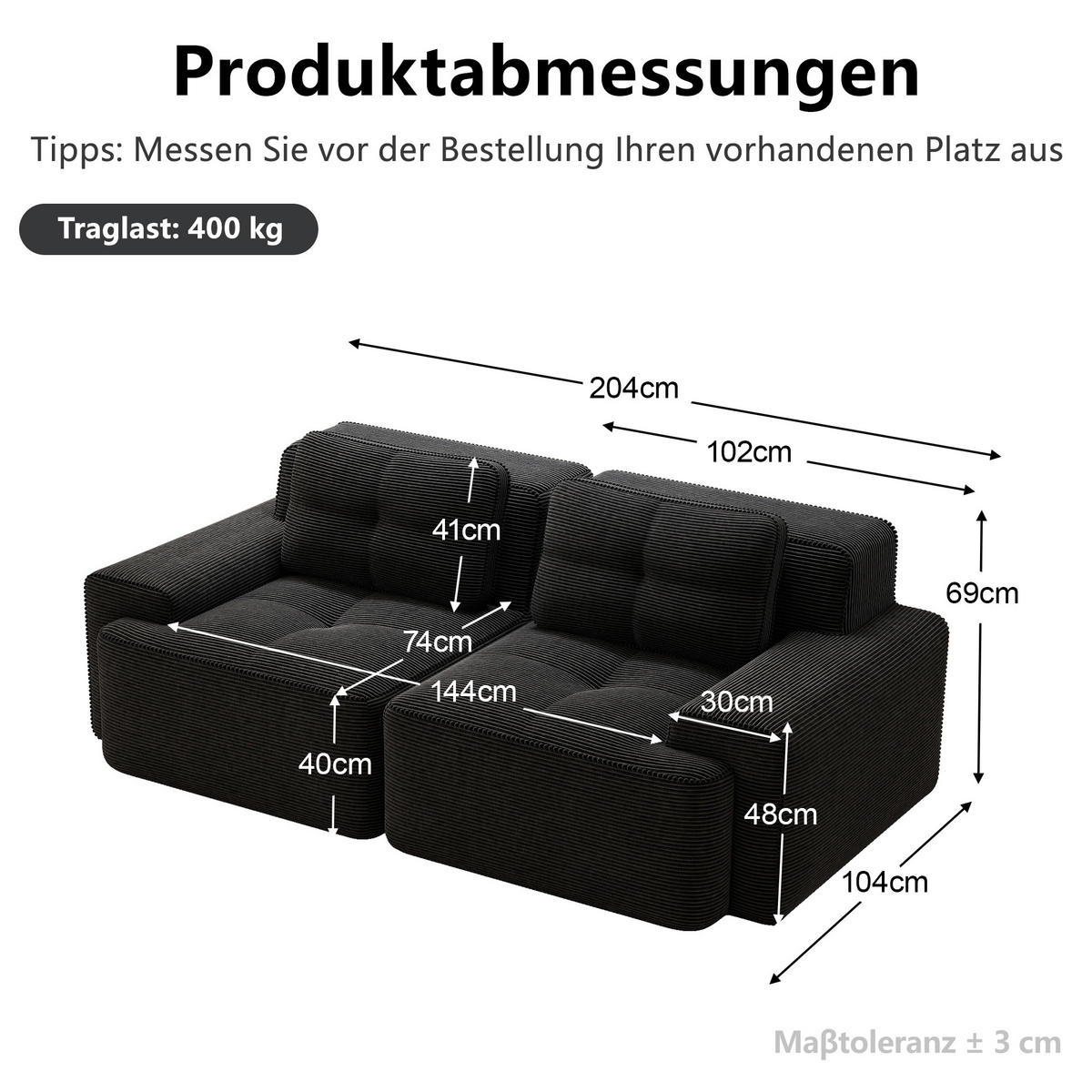 2-SITZER-SOFA DE-34113 modular mit Tiefsitz Schwarz - Schwarz, Textil (104/69/204cm) - ComfortXL