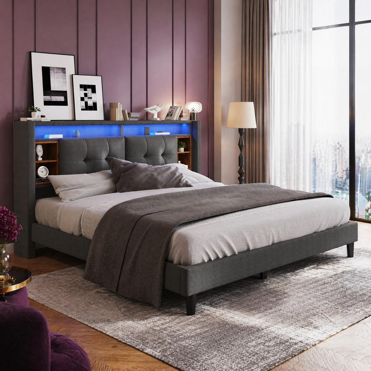 ČALOUNĚNÁ POSTEL 140/200 cm v šedé barvě s úložným čelem, LED a USB - šedá, kov/kompozitní dřevo (140/200cm) - CHICFURN