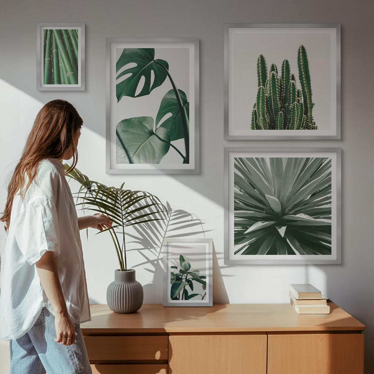 WANDBILDER 5er Set - 50x50 cm & 20x30 cm & 40x60 cm Silberner Rahmen - Bambusblätter - Silberfarben, Kunststoff (40/60cm) - ArtPrintCave