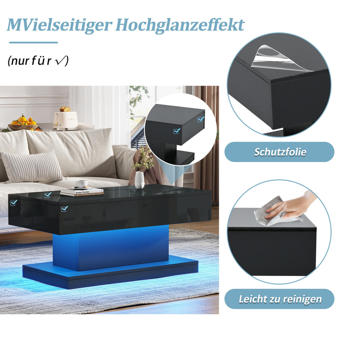 COUCHTISCH aus Spanplatte 100x50x45 cm Schwarz mit 2 Schubladen, LED-Beleuchtung und Hochglanz-Oberfläche - Schwarz, Holzwerkstoff (100/50/45cm) - Modfu