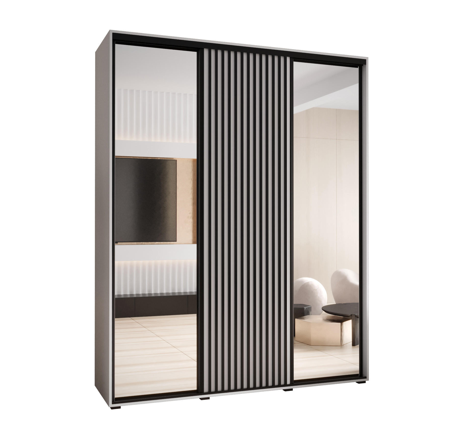 Abiks Möbel SCHWEBETÜRENSCHRANK Weiß, Weiß, Schwarz 200cm × 60cm × 235cm