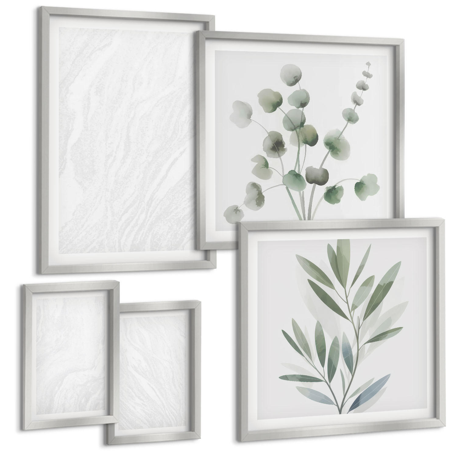 BILDER SET 5er Set - 50x50 cm & 20x30 cm & 40x60 cm Silberner Rahmen - Marmorstruktur, pastellfarbene Zweige - Silberfarben, Kunststoff (40/60cm) - TULUP