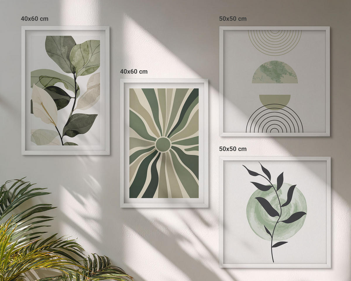BILDER SET 4er Set - 50x50 cm & 40x60 cm Weißer Rahmen - Geometrische Pflanzenformen - Weiß, Kunststoff (50/50cm) - TULUP