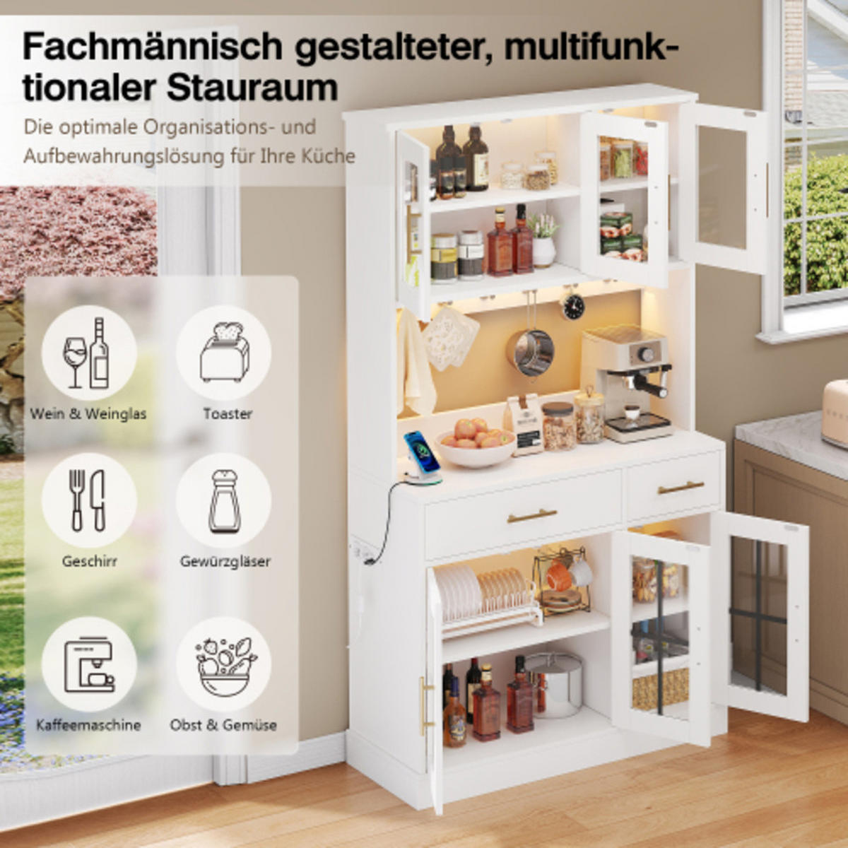 KÜCHENHOCHSCHRANK weiß aus MDF mit App-LED-Beleuchtung und ESG-Glastüren 100×40×180 cm - Weiß, Holzwerkstoff (100/180/40cm) - Luhomfu