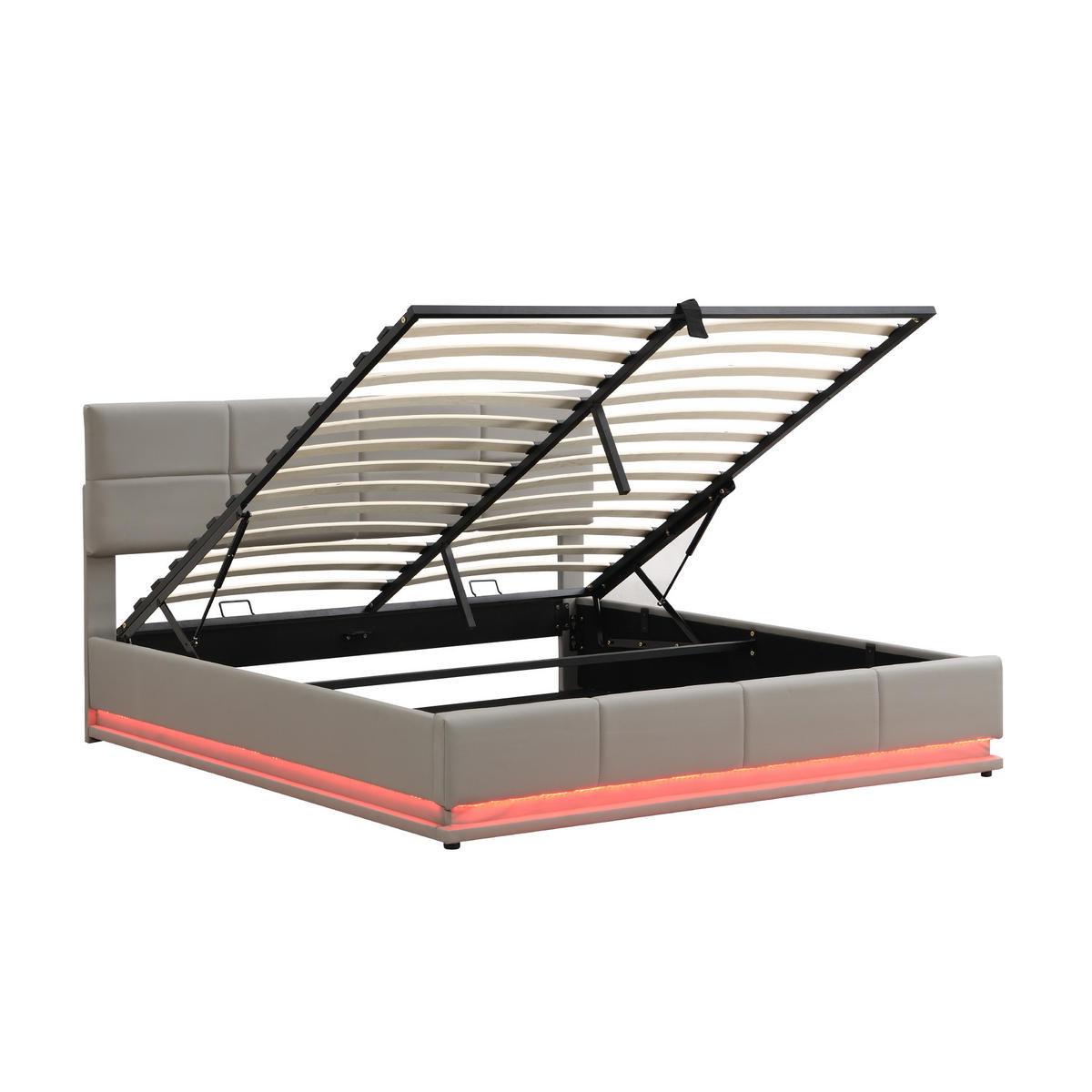 POLSTERBETT 180/200 cm mit LED-Beleuchtung und hydraulischem Bettkasten in Hellgrau - Grau, Kunststoff (180/200cm) - OKWISH