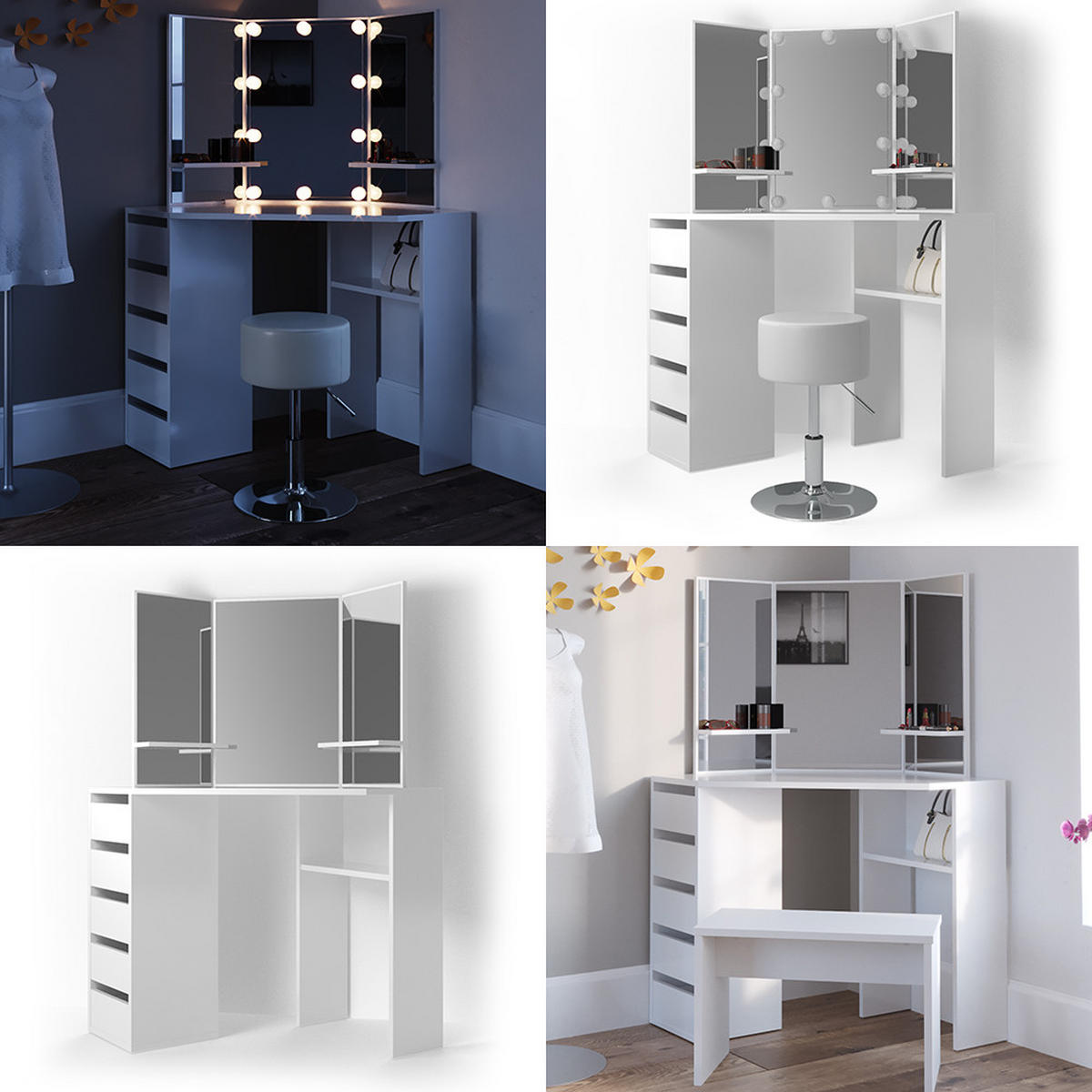 ECKSCHMINKTISCH Arielle Weiß 110 cm - Weiß, Holzwerkstoff (110/141.5/54cm) - Vicco