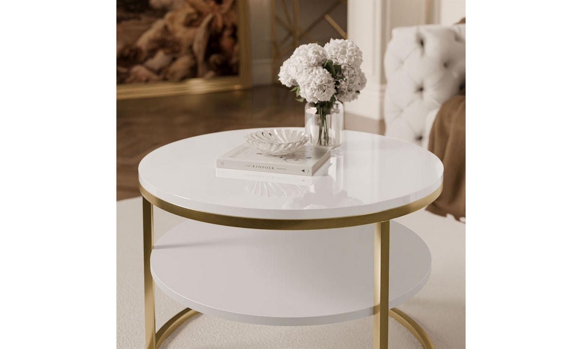 COUCHTISCH CIRI SLIM HOCHGLANZ Ø60/41 cm gebürstetes Gold / weißer Glanz - Goldfarben/Weiß, Holzwerkstoff/Metall (60/60/41cm) - Lookway