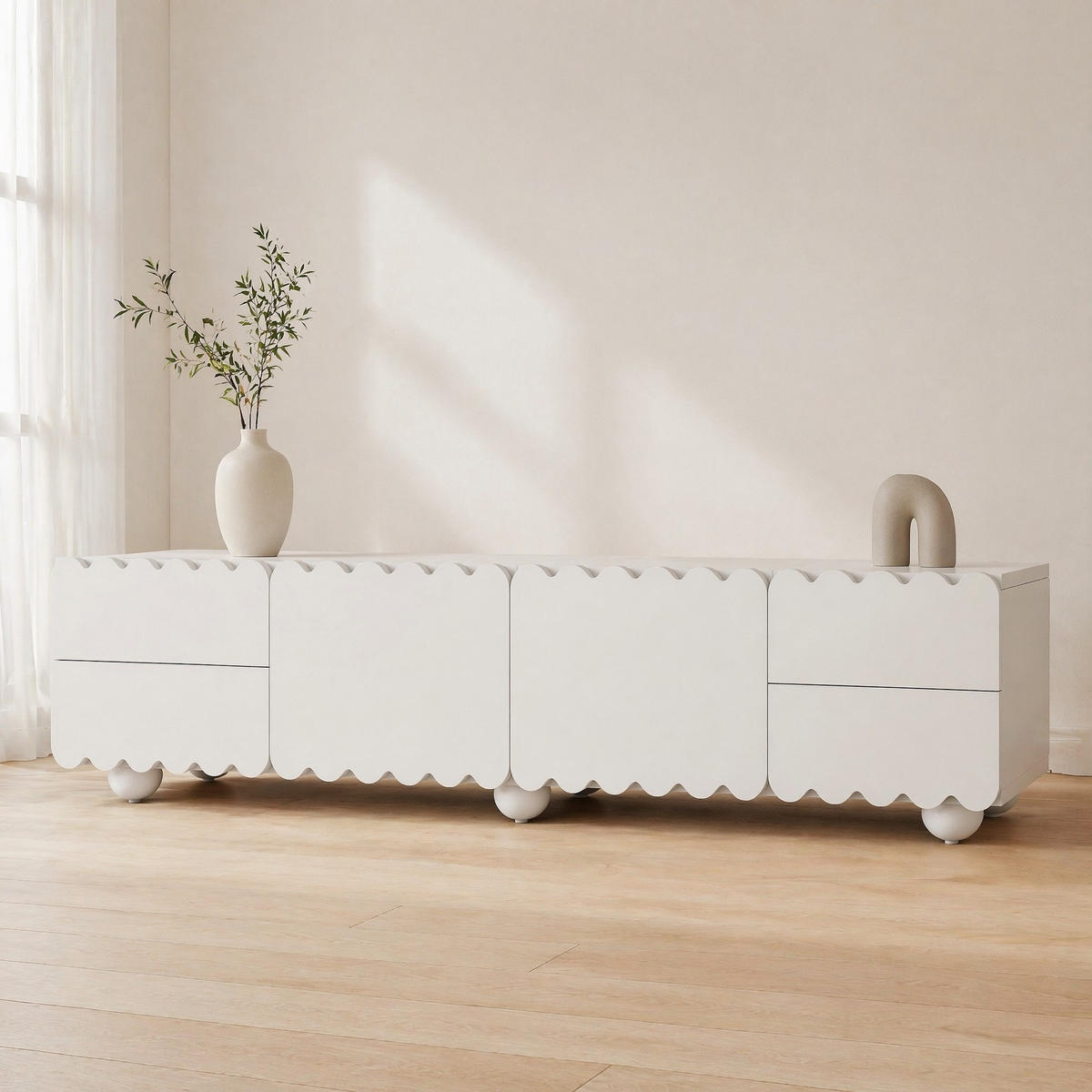 LOWBOARD in Weiß TV-Schrank mit abgerundeten Kanten für Wohnzimmer und Arbeitszimmer, B175/T38/H37 cm - Weiß, Holzwerkstoff/Metall (175/37/38cm) - STILVORA