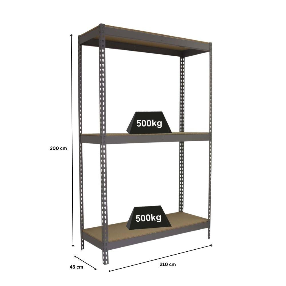 SCHWERLASTREGAL Wood Beast Three HxBxT 200 x 210 x 45 cm 3 Ebenen Fachlast 500 kg Grau - Grau, Metall (210/200/45cm) - PROREGAL