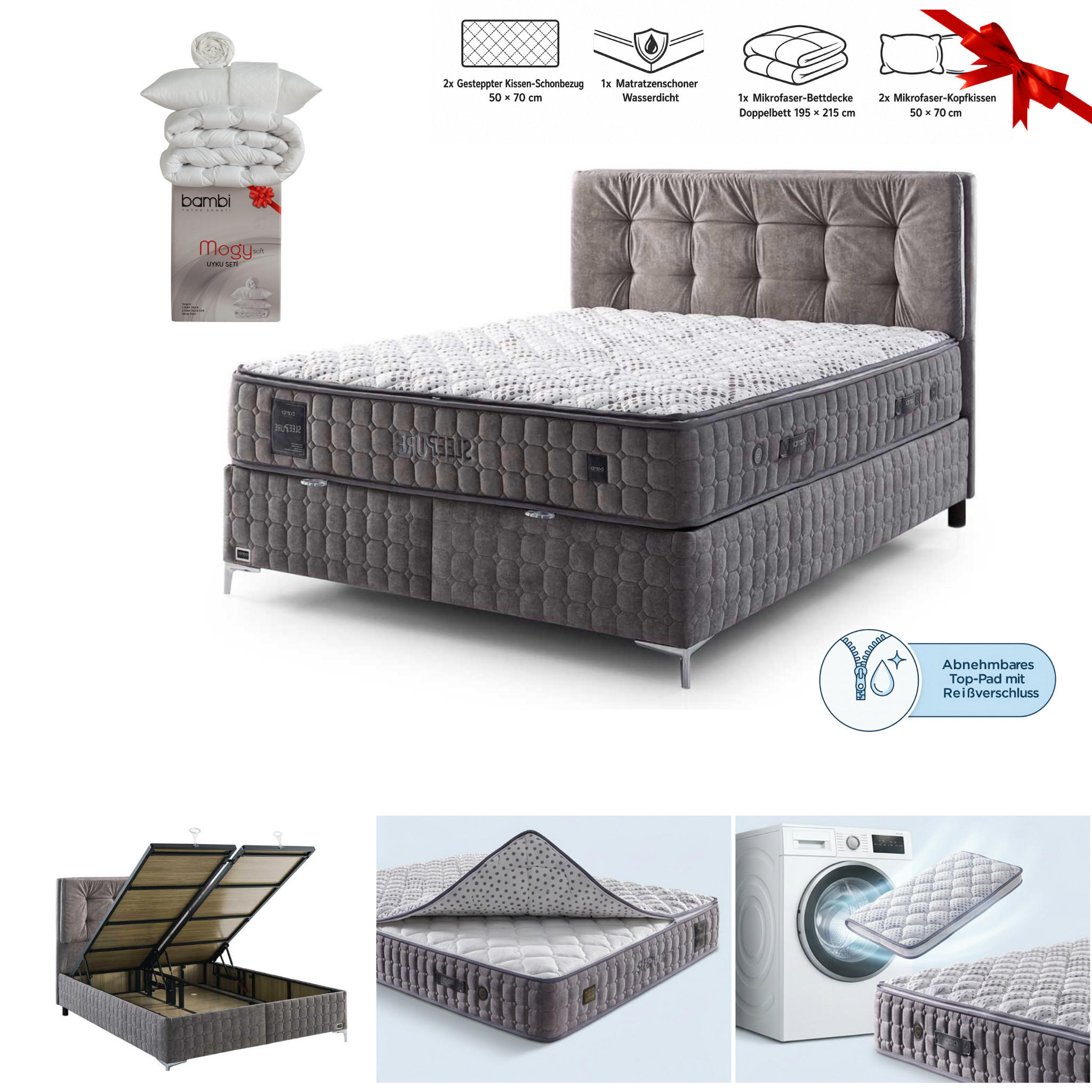 BOXSPRINGBETT Bambi Sleepure Set 160x200 - Grau, Holz/Metall (160/200cm) - Bambi