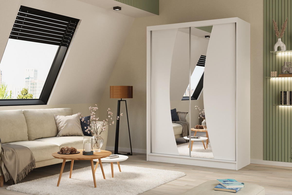 KLEIDERSCHRANK mit Spiegel-Schiebetüren und Aluminium-Leisten, LED-Beleuchtung - VOXI - 150 cm Weiß - Weiß, Holzwerkstoff (150/216/61cm) - ALTDECOR